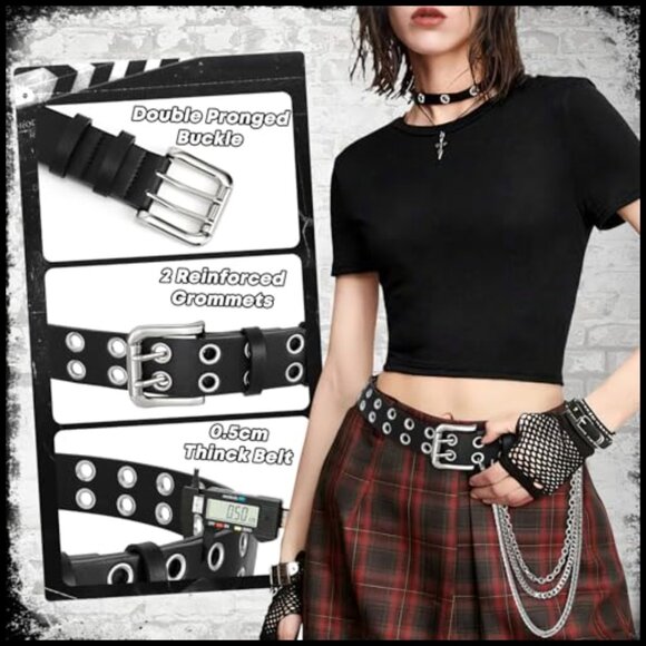 Quality Leather Double Grommet Studded Belt with Detachable Chain main image 6
